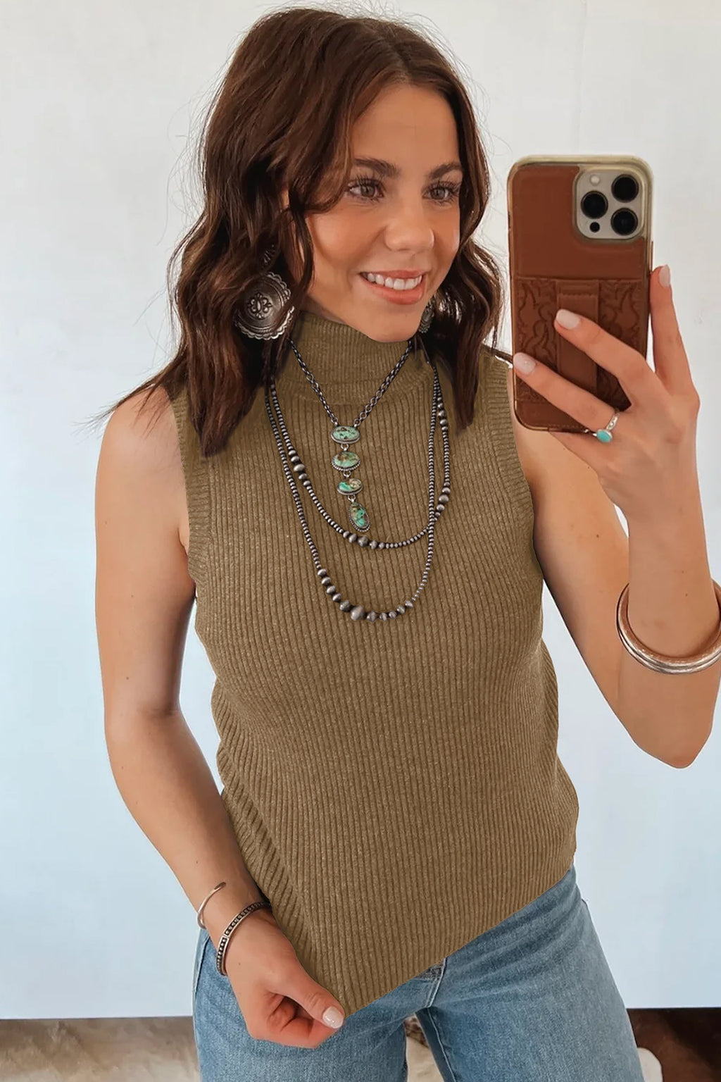 Chicory Coffee Western High Neck Sleeveless Ribbed Knit Vest Regular Fit Waist Slim Sheath One Piece Daily Wear