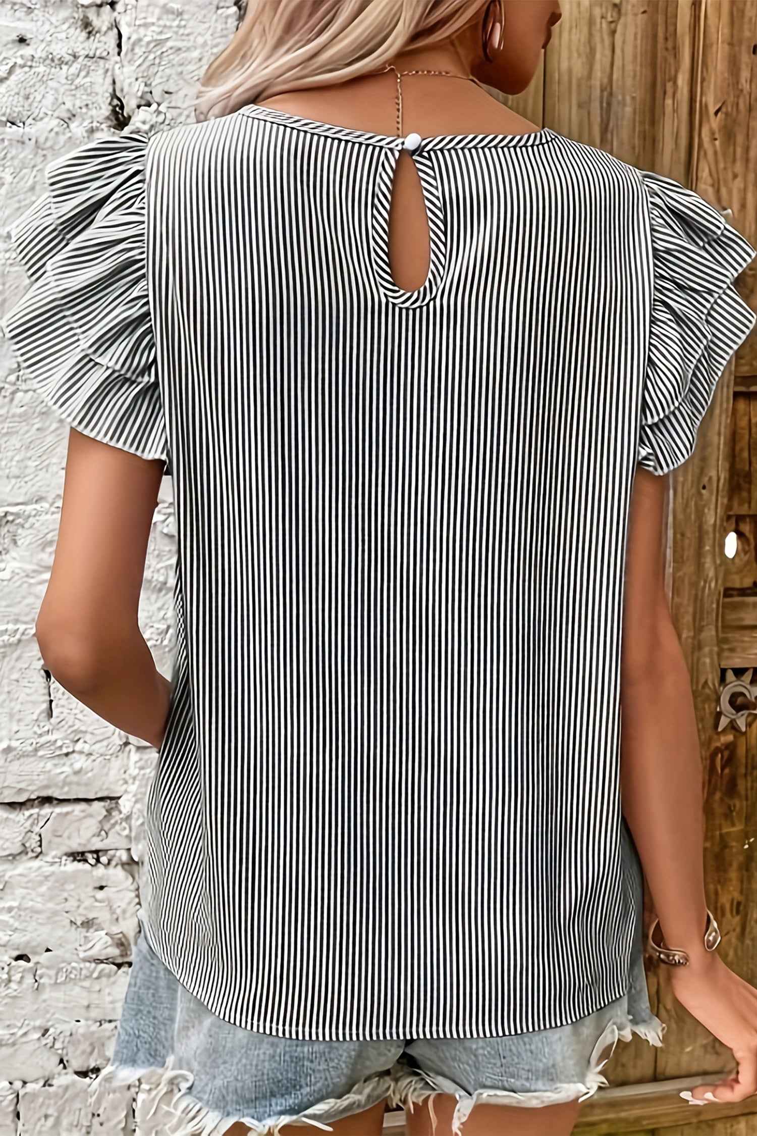 Black Stripe Striped Ruffle Sleeve Short Sleeve Round Neck Casual Shift Blouse