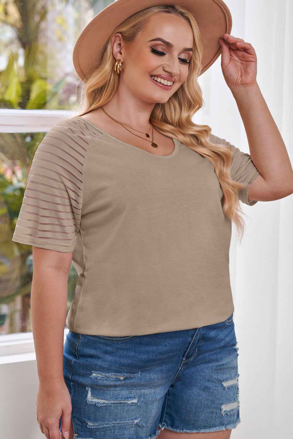 Khaki Striped Raglan Sleeve Plus Size Tee