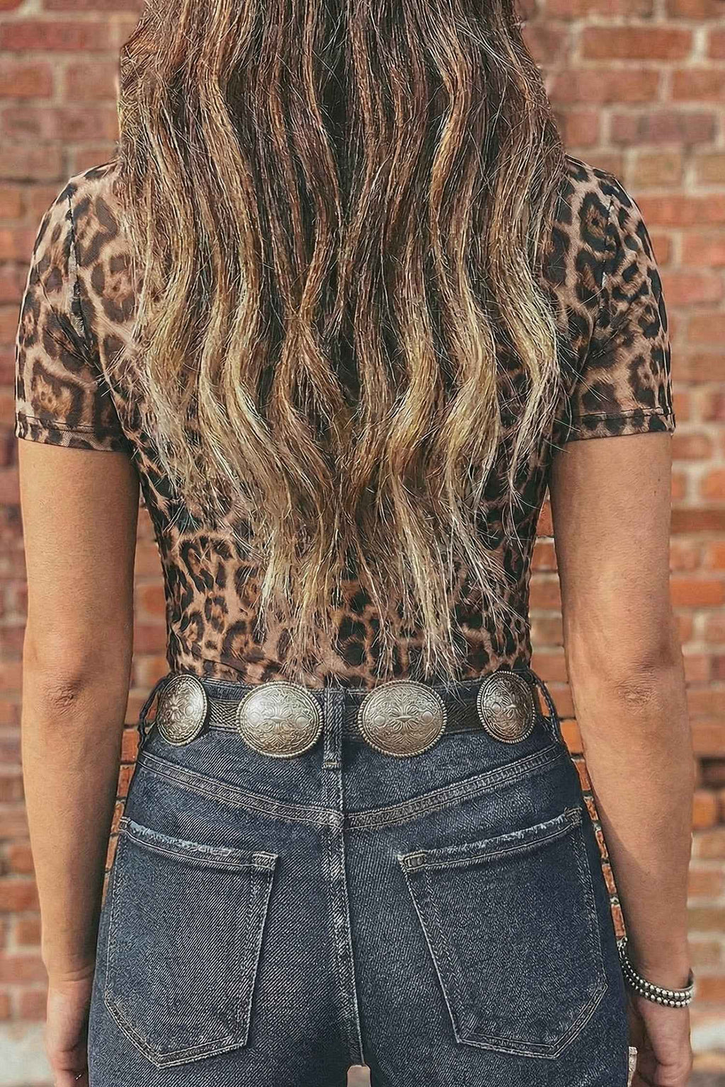 Camel Leopard Printed Mesh Short Sleeve Top