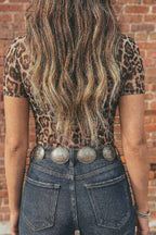 Camel Leopard Printed Mesh Short Sleeve Top
