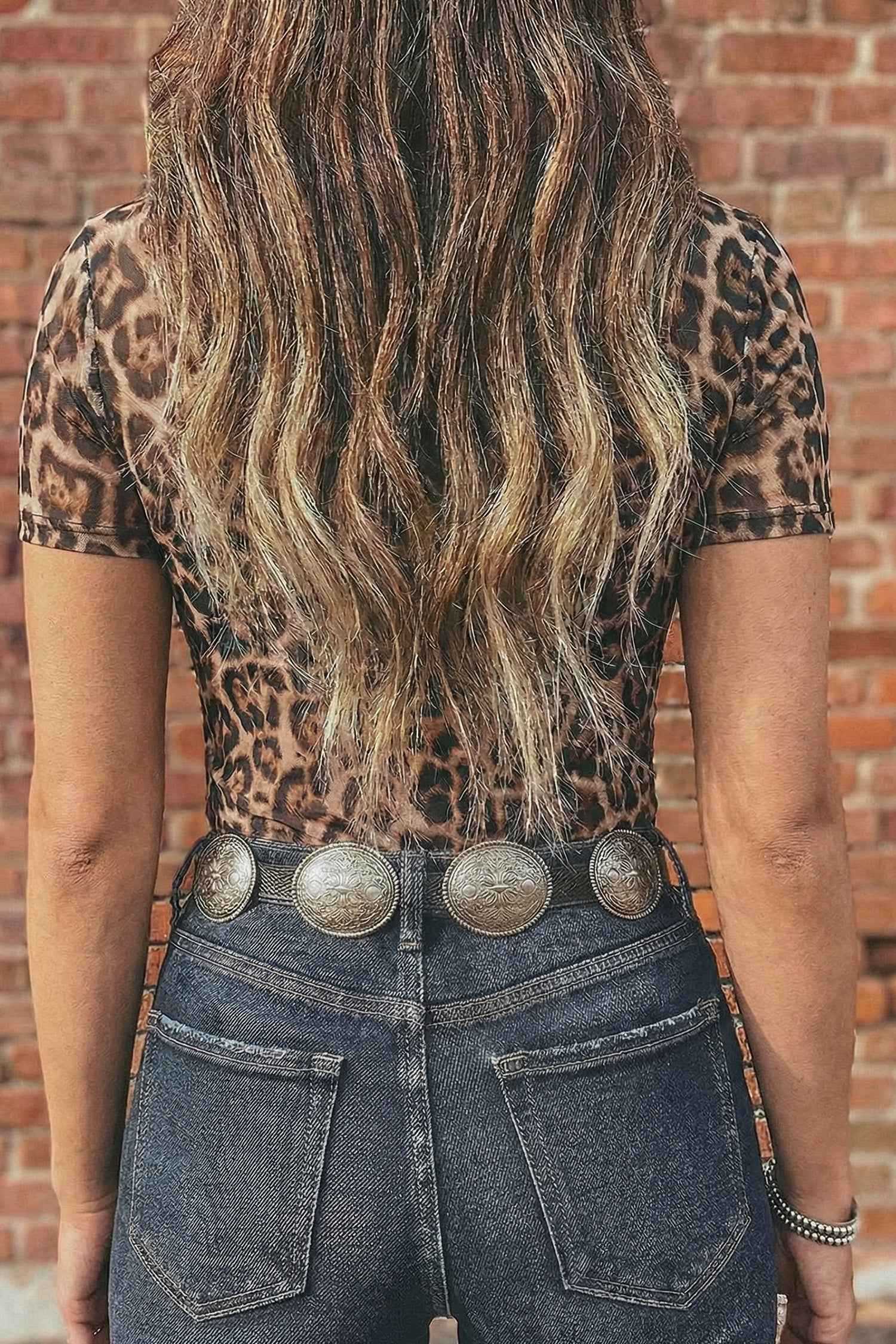 Camel Leopard Printed Mesh Short Sleeve Top