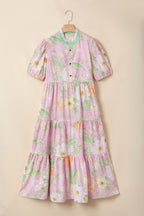 Pink Floral Print Short Puff Sleeve High Waist Tiered Maxi Dress