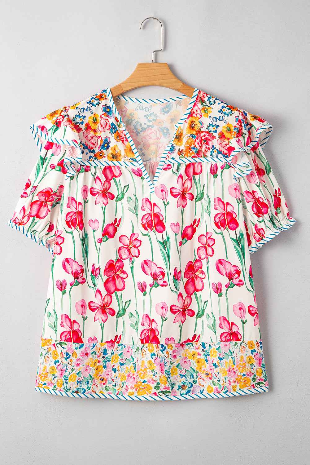 Pink Plus Size Floral Print Striped Trim V Neck Blouse