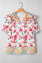 Pink Plus Size Floral Print Striped Trim V Neck Blouse