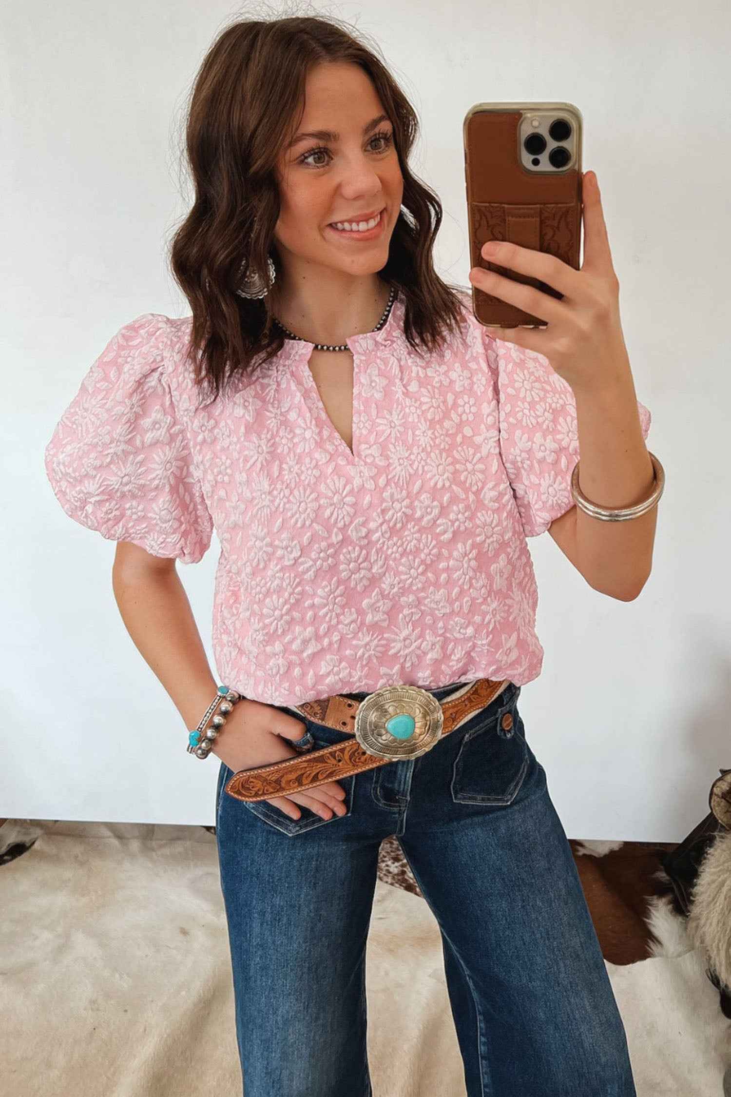 Apricot Pink Floral Textured Jacquard Puff Sleeve Blouse