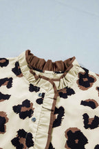 Khaki Plus Size Leopard Print Frilled Color Block Trim Button Down Short Sleeve Blouse