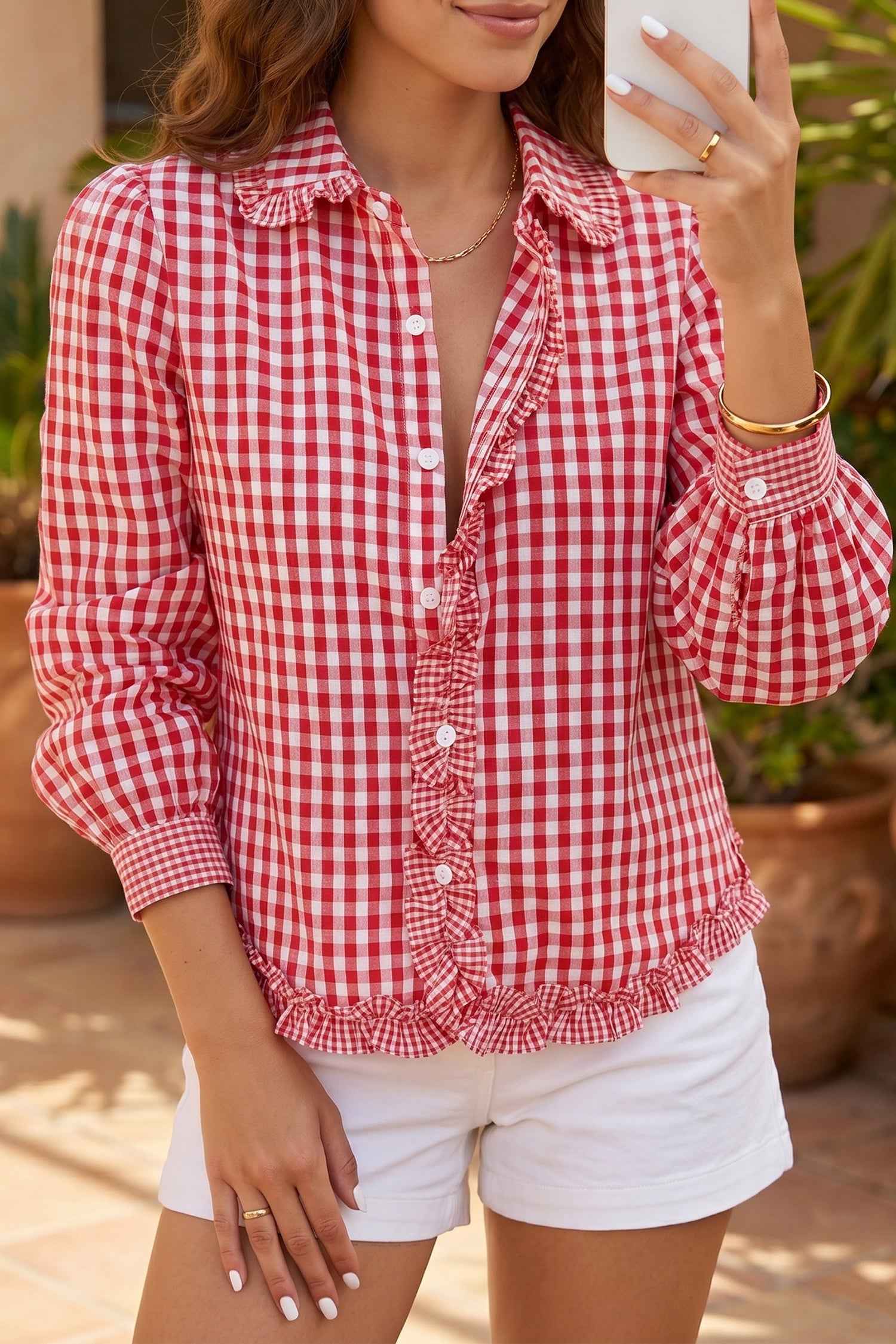 Red Plaid Long Sleeve Button Down Frill Detail Casual Shirt