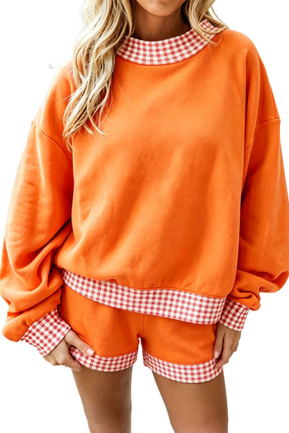 Carrot Gingham Trim Baggy Pullover 2pcs Short Set