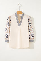 Grass Green Floral Puff Sleeve Contrast V Neck Patchwork Blouse