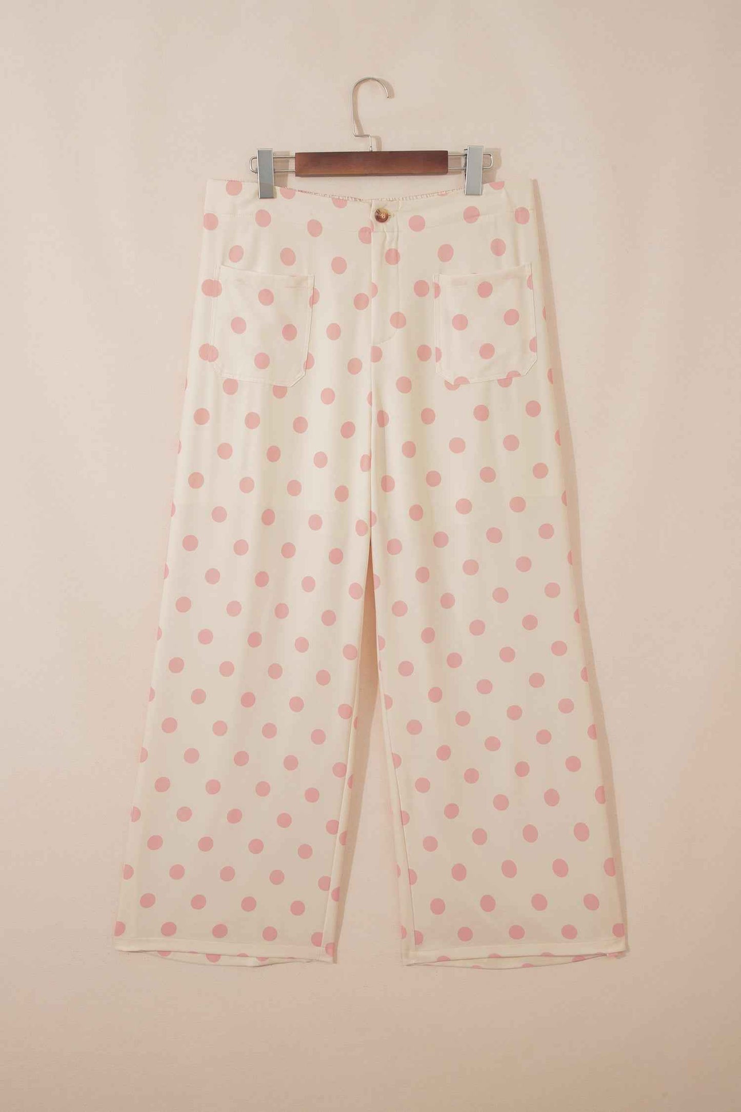 White Polka Dot Print Patched Pocket Mid-rise Straight Leg Pants