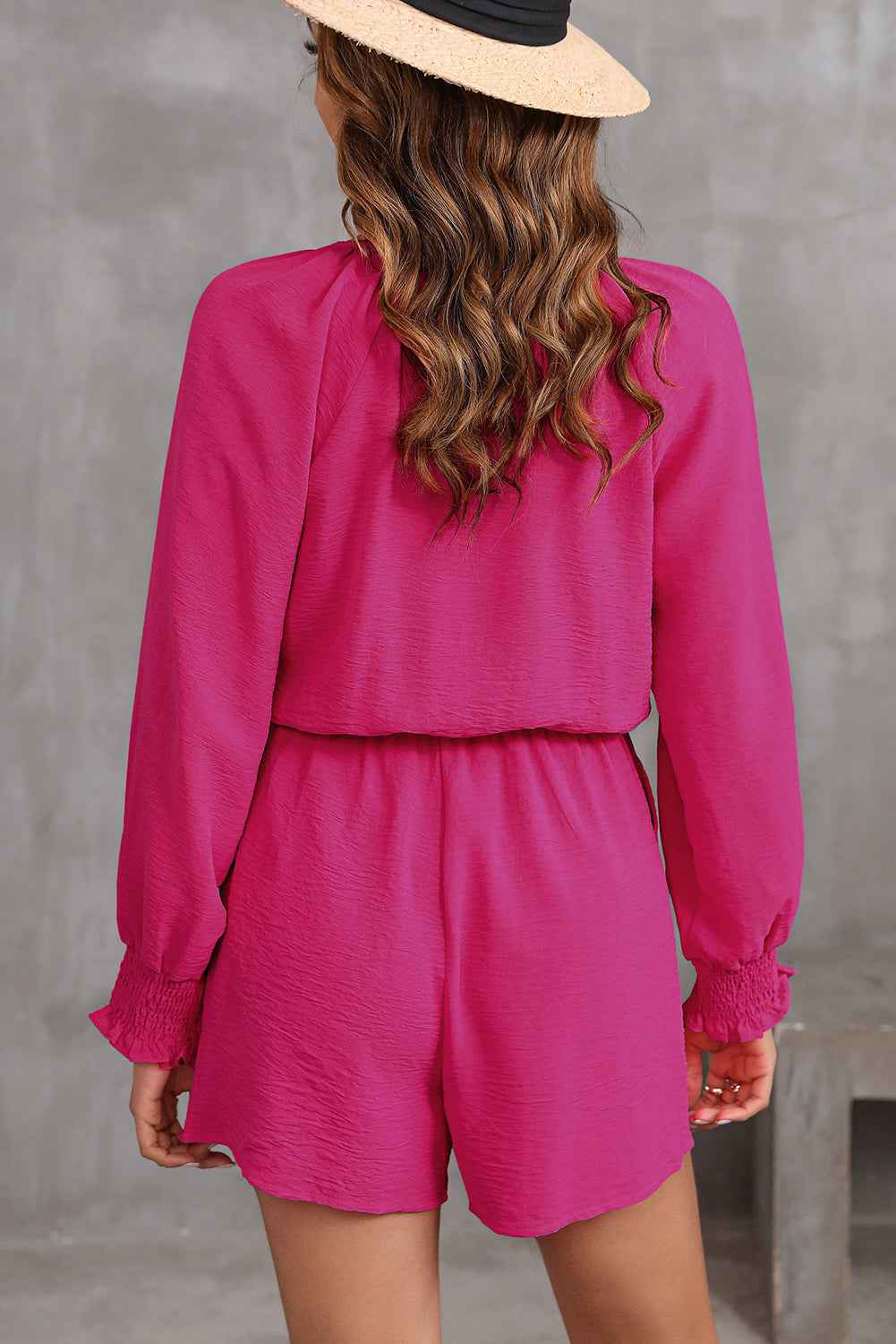 Rose Tie Knot V Neck Puff Long Sleeve Romper