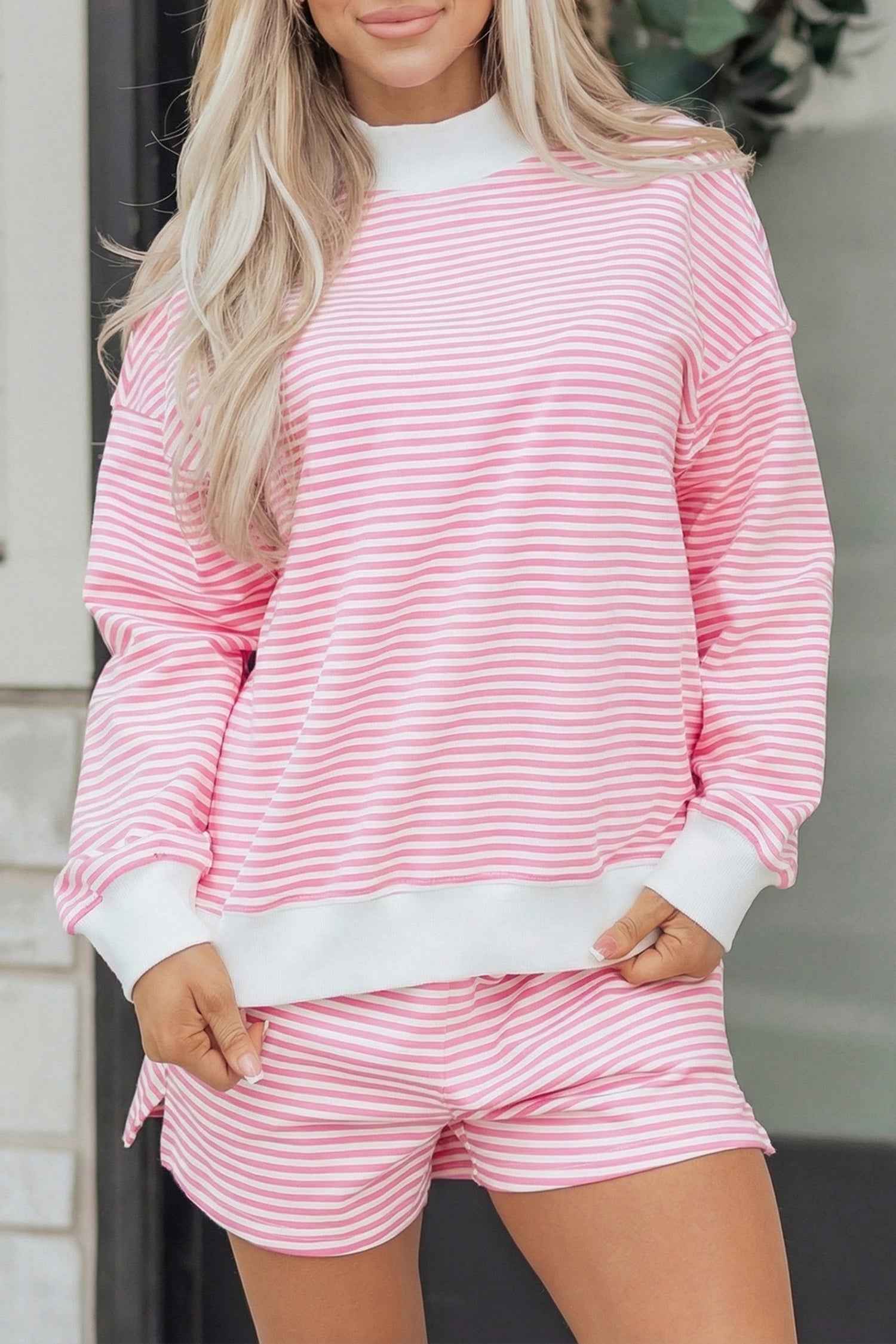 Pink Stripe Oversize Mock Neck Sweatshirt and Shorts Set