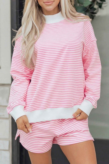 Pink Stripe Oversize Mock Neck Sweatshirt and Shorts Set