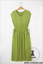 Fern Green Solid V Neck Cap Sleeve Tunic Elastic Waist Versatile Maxi Dress
