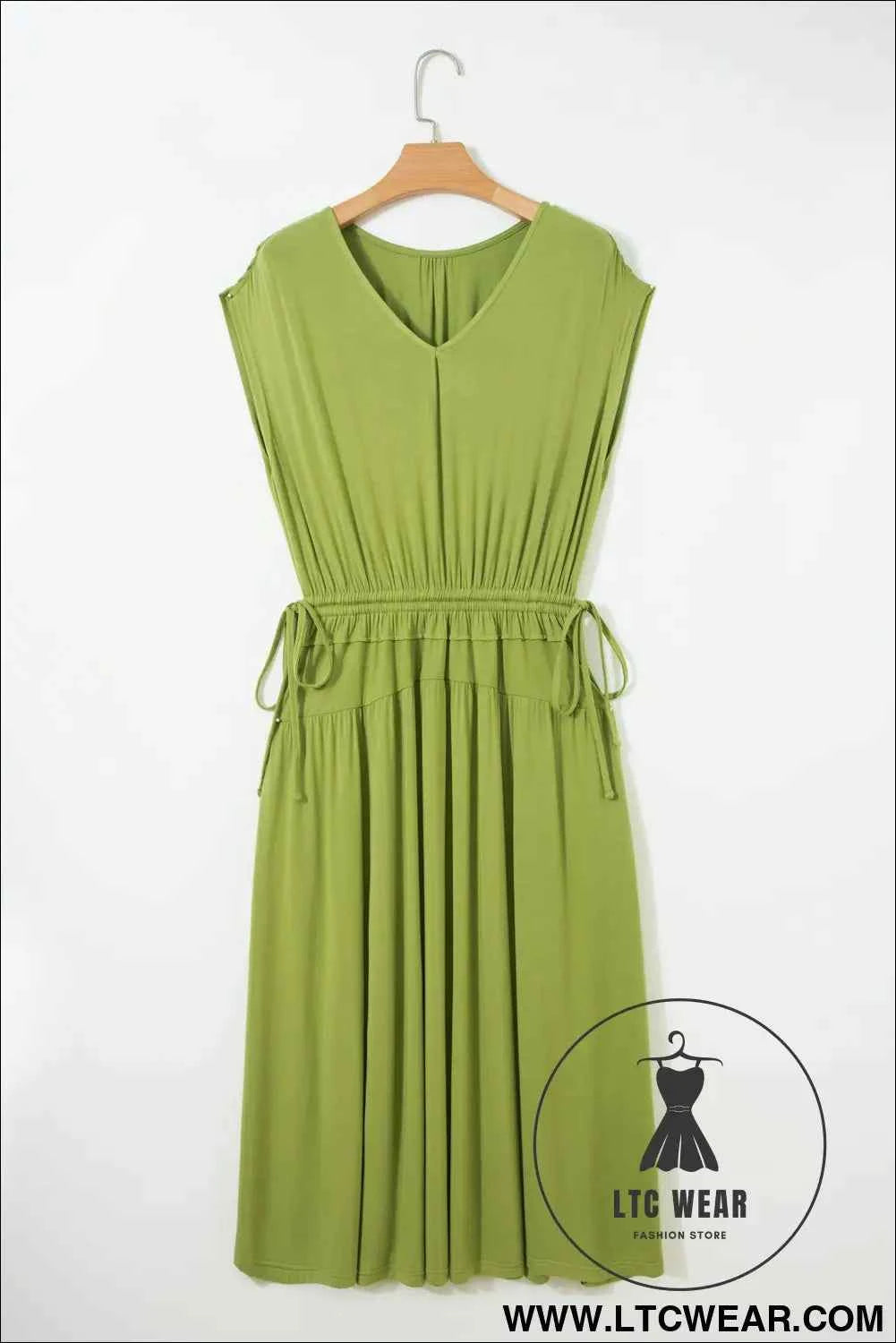Fern Green Solid V Neck Cap Sleeve Tunic Elastic Waist Versatile Maxi Dress