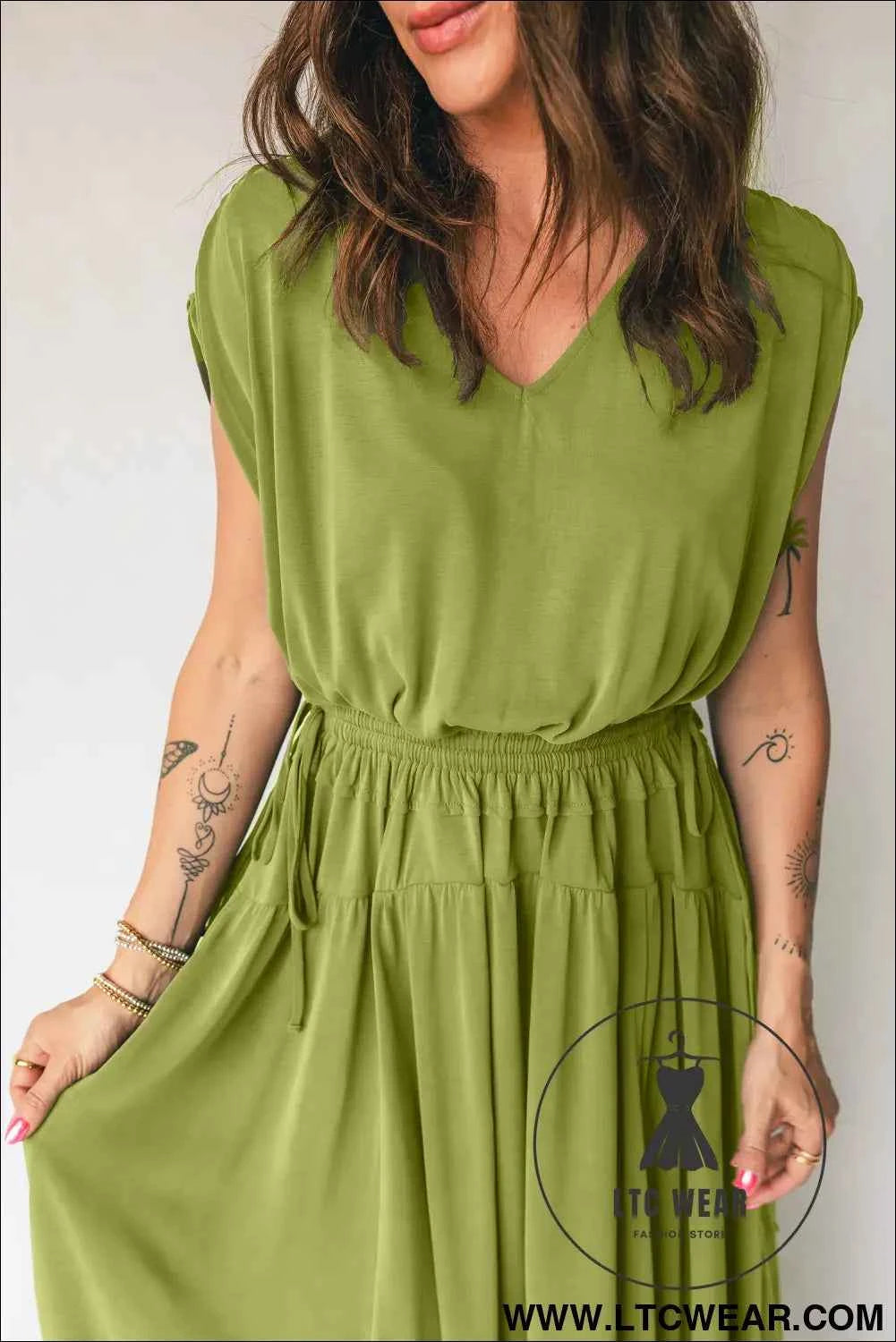 Fern Green Solid V Neck Cap Sleeve Tunic Elastic Waist Versatile Maxi Dress