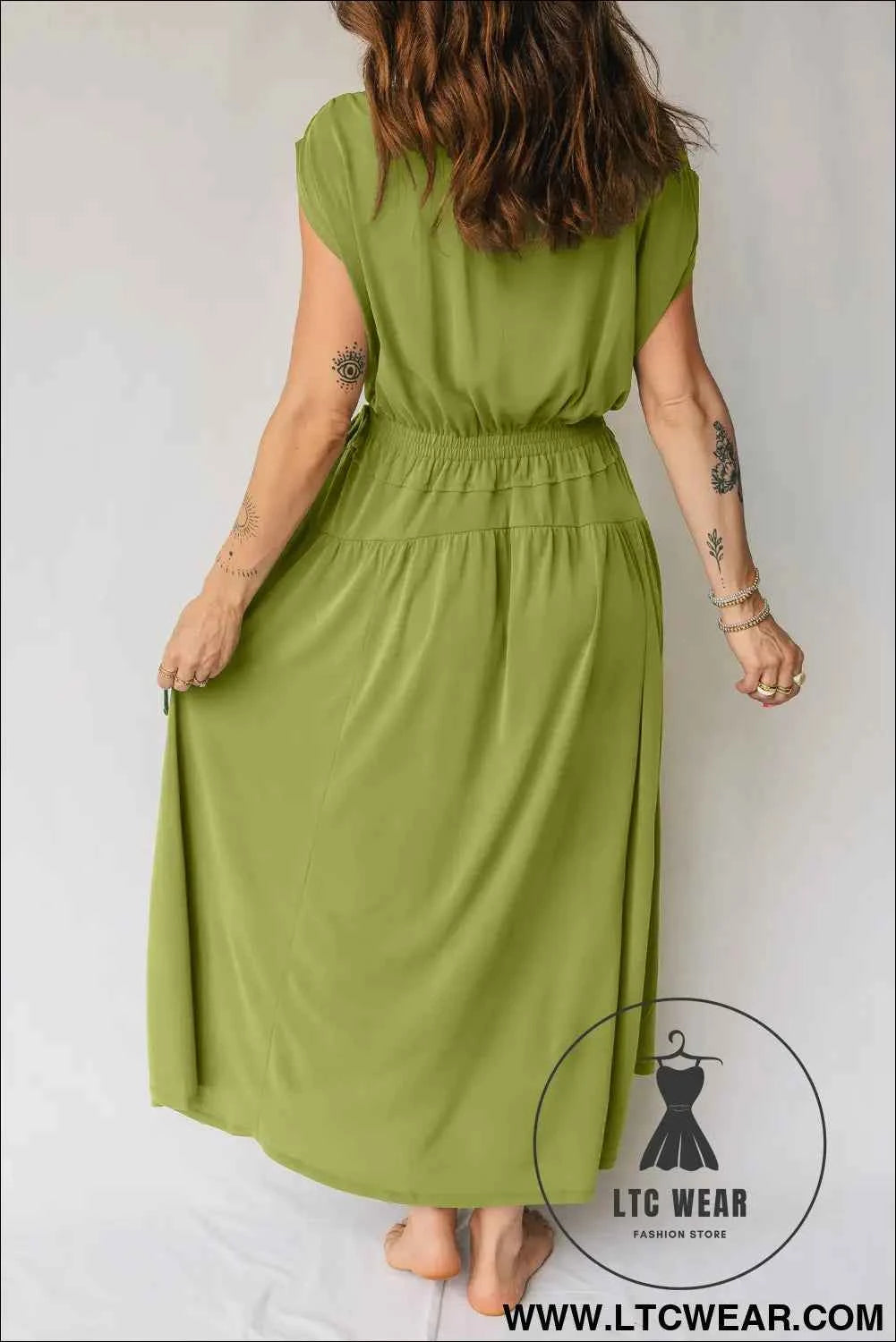 Fern Green Solid V Neck Cap Sleeve Tunic Elastic Waist Versatile Maxi Dress