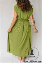 Fern Green Solid V Neck Cap Sleeve Tunic Elastic Waist Versatile Maxi Dress