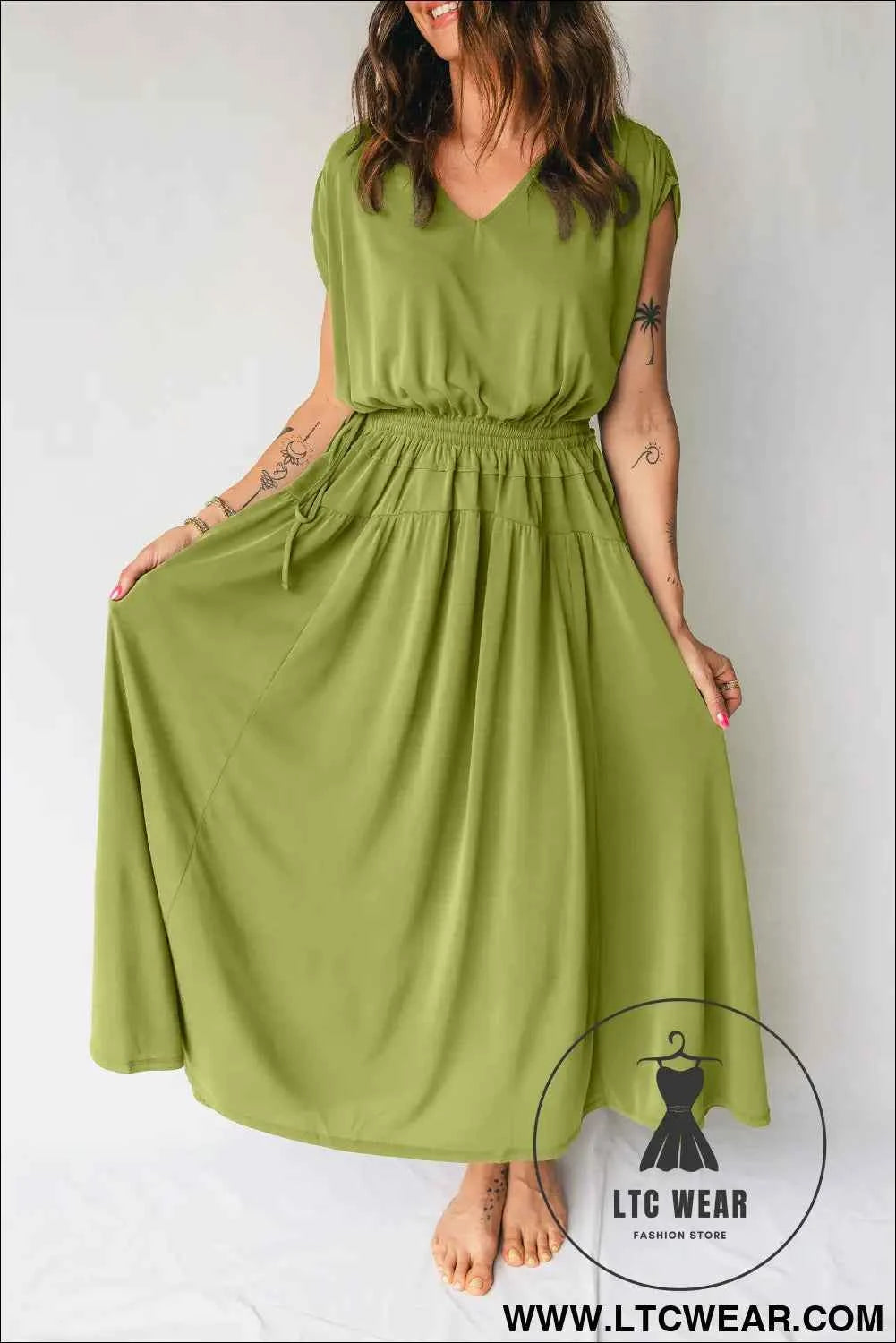 Fern Green Solid V Neck Cap Sleeve Tunic Elastic Waist Versatile Maxi Dress