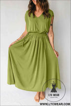 Fern Green Solid V Neck Cap Sleeve Tunic Elastic Waist Versatile Maxi Dress