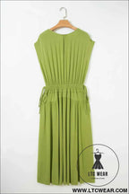 Fern Green Solid V Neck Cap Sleeve Tunic Elastic Waist Versatile Maxi Dress