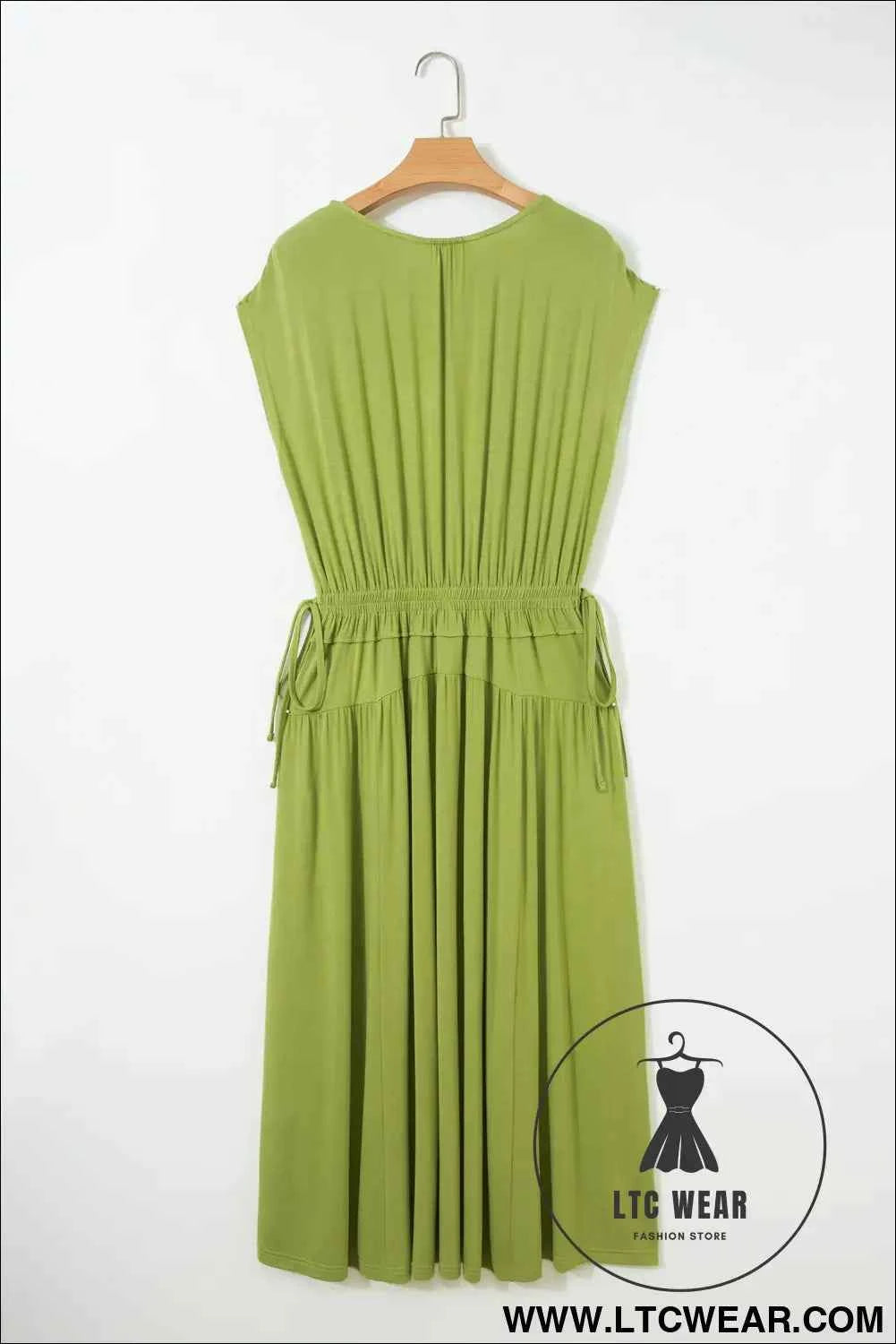 Fern Green Solid V Neck Cap Sleeve Tunic Elastic Waist Versatile Maxi Dress