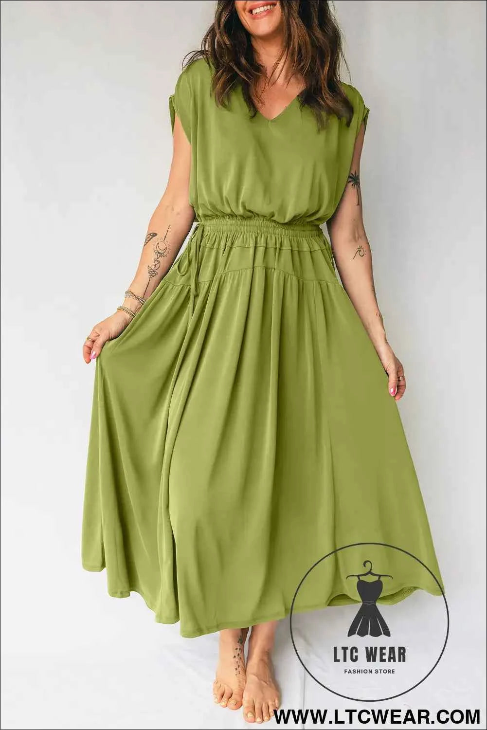 Fern Green Solid V Neck Cap Sleeve Tunic Elastic Waist Versatile Maxi Dress
