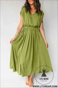 Fern Green Solid V Neck Cap Sleeve Tunic Elastic Waist Versatile Maxi Dress