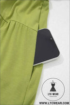 Fern Green Solid V Neck Cap Sleeve Tunic Elastic Waist Versatile Maxi Dress