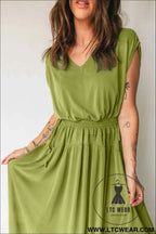 Fern Green Solid V Neck Cap Sleeve Tunic Elastic Waist Versatile Maxi Dress