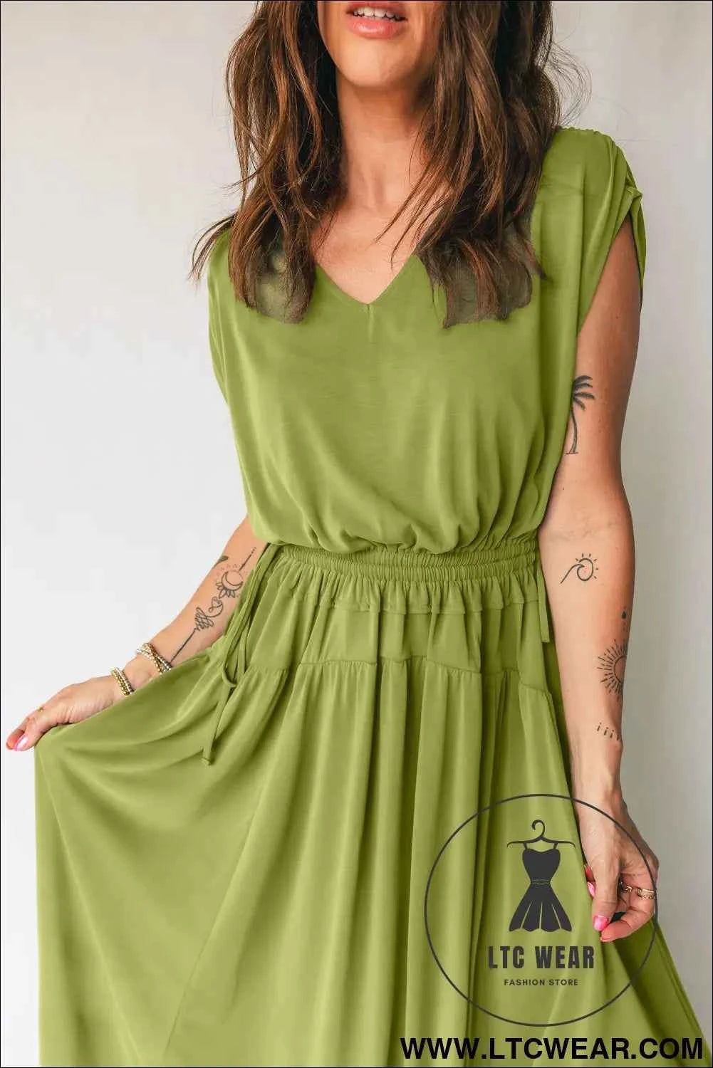 Fern Green Solid V Neck Cap Sleeve Tunic Elastic Waist Versatile Maxi Dress