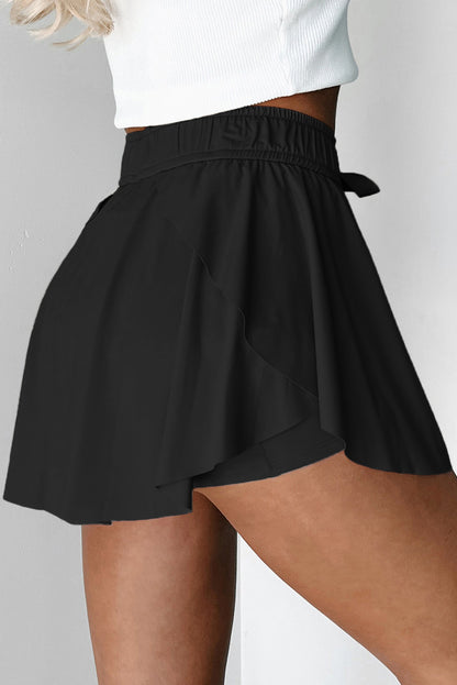 Black Drawstring High Waist Lined Tennis Skort
