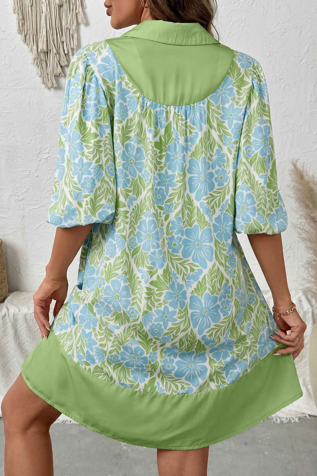 Sky Blue Floral Print Color Block Patchwork Shirt Collar Half Sleeve Mini Dress
