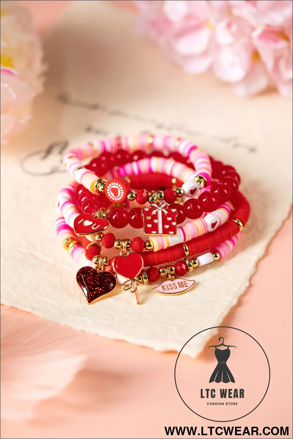 Fiery red 5pcs i love u valentines day sweet bracelet set - fiery red / one size / 100% pmma - jewelry