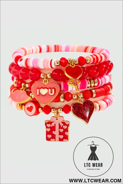 Fiery red 5pcs i love u valentines day sweet bracelet set - fiery red / one size / 100% pmma - jewelry