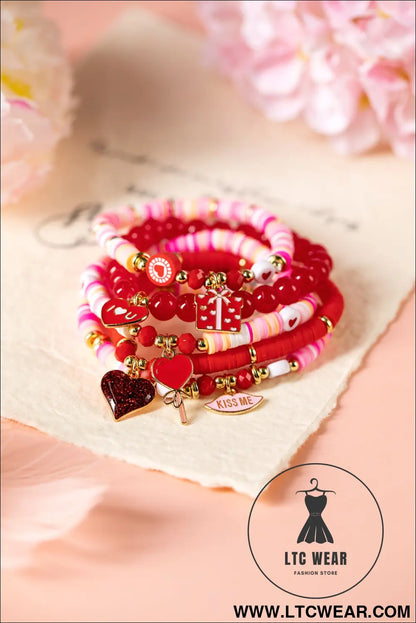 Fiery red 5pcs i love u valentines day sweet bracelet set - fiery red / one size / 100% pmma - jewelry