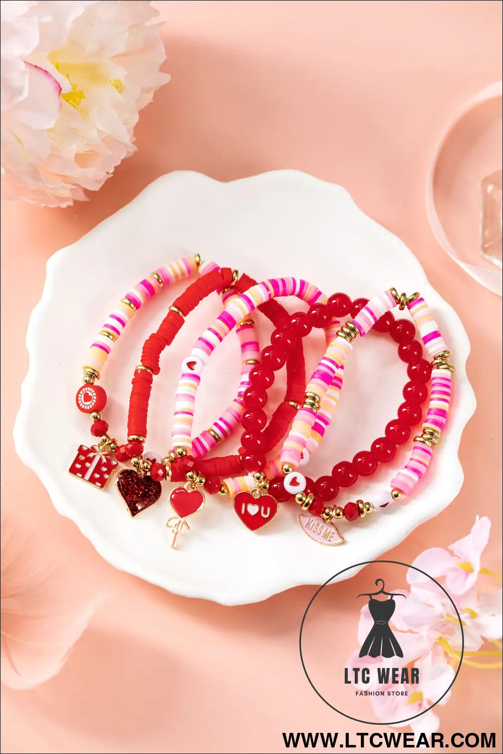 Fiery red 5pcs i love u valentines day sweet bracelet set - fiery red / one size / 100% pmma - jewelry