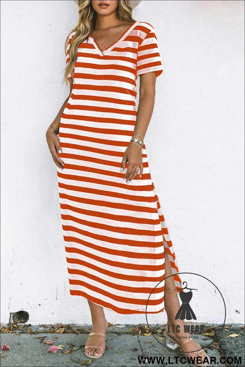Fiery Red Black Stripe Print V Neck Maxi Dress with Side Splits