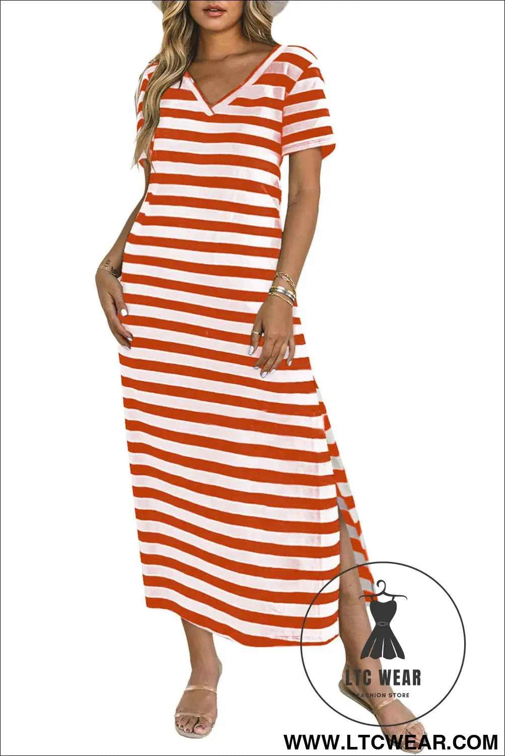 Fiery Red Black Stripe Print V Neck Maxi Dress with Side Splits