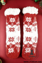 Fiery red christmas snowflake fuzzy non-slip socks - fiery red / one size / 100% polyester - socks