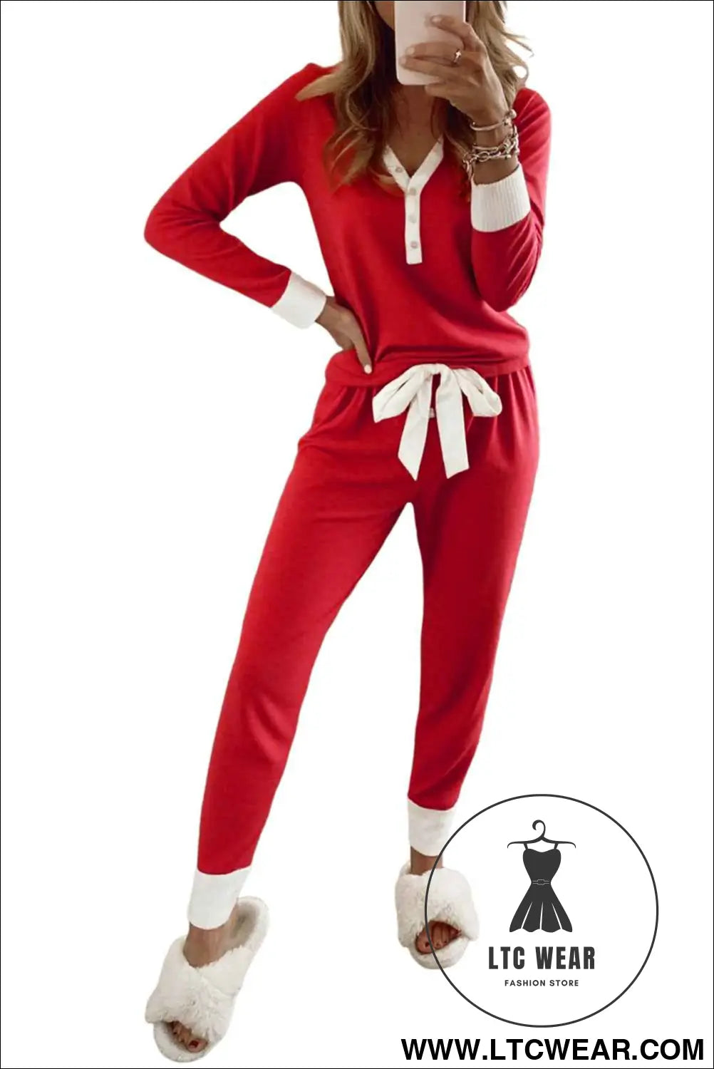 Fiery Red Contrast Trim Button V Neck Knot Waist Pants Pajama Set