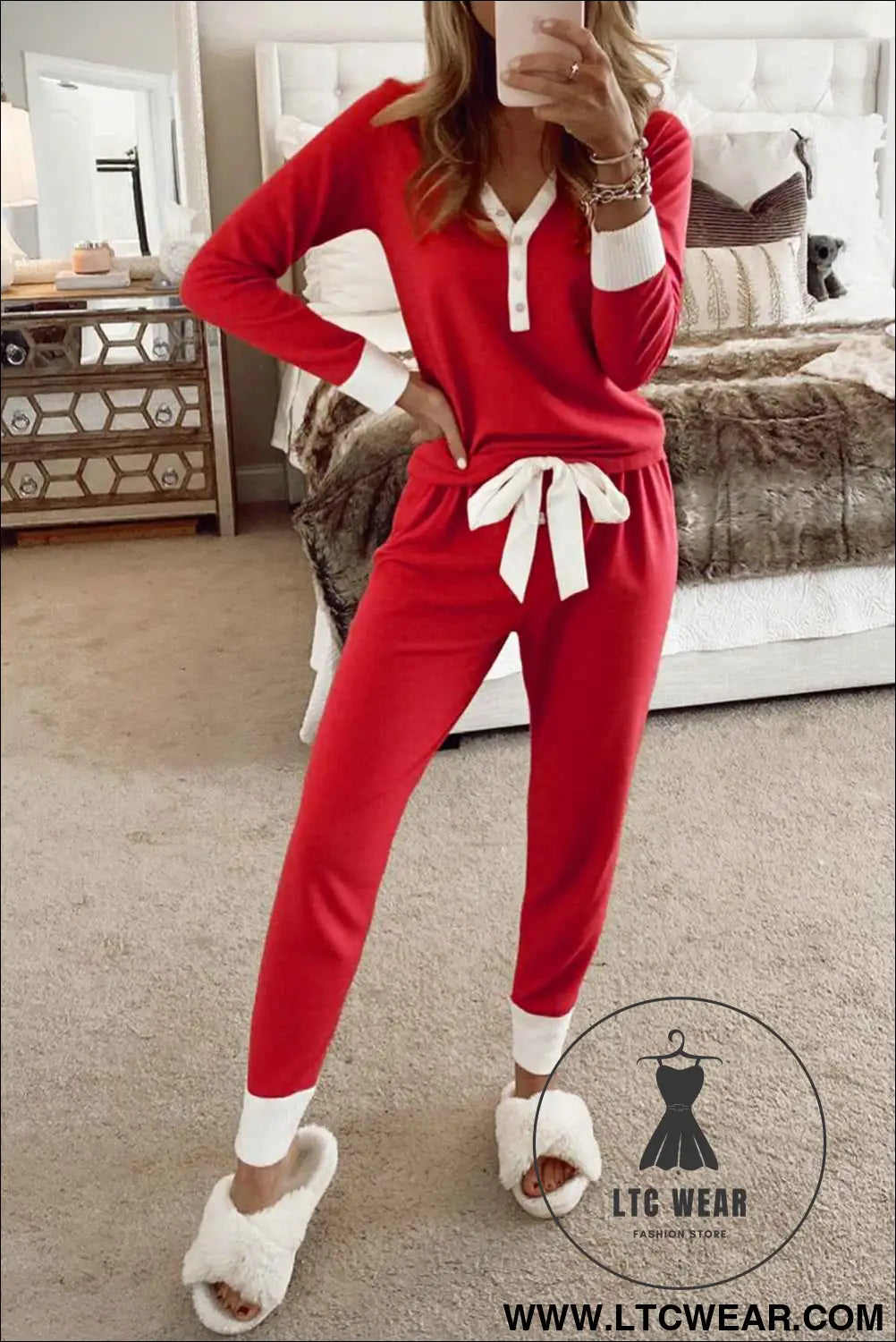 Fiery Red Contrast Trim Button V Neck Knot Waist Pants Pajama Set