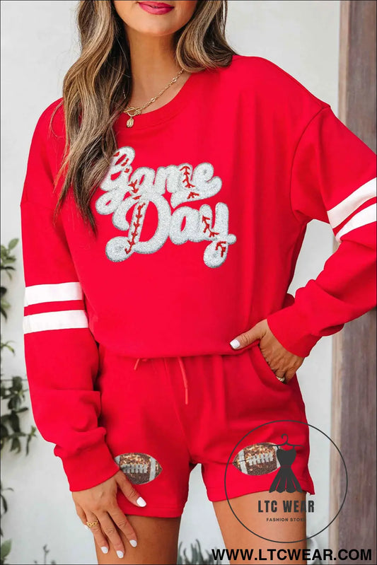 Fiery Red Glitter Game Day Slogan Football Patch Varsity Graphic Two Piece Set