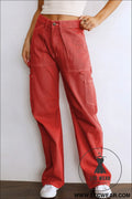 Fiery red high waist straight leg cargo pants with pockets - fiery red / 10 / 95% cotton + 5% elastane - pants & culotte