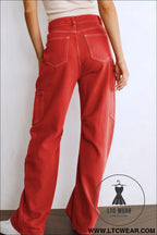 Fiery red high waist straight leg cargo pants with pockets - pants & culotte