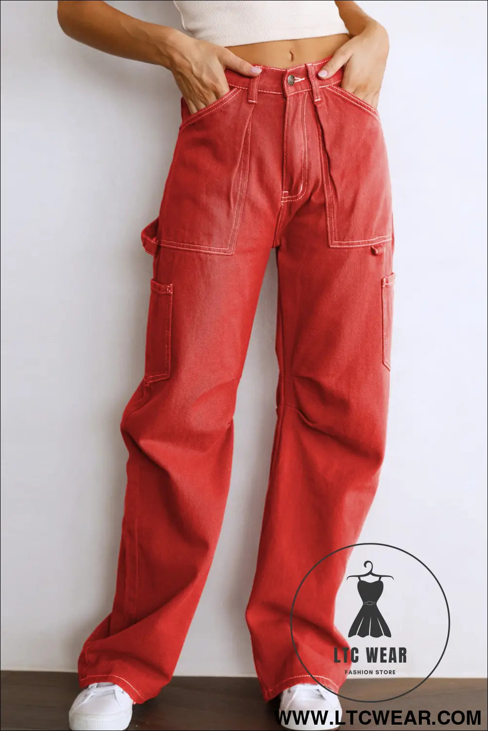 Fiery red high waist straight leg cargo pants with pockets - pants & culotte