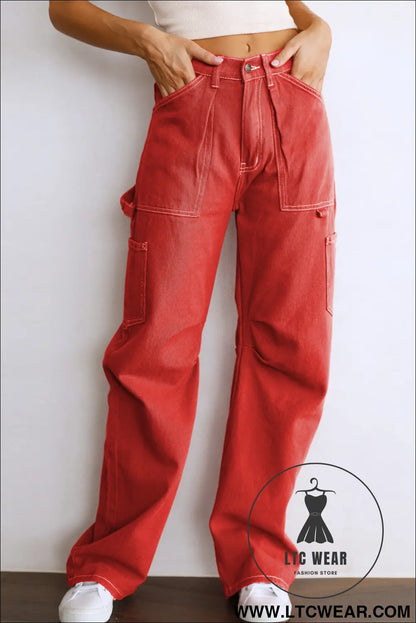 Fiery red high waist straight leg cargo pants with pockets - pants & culotte