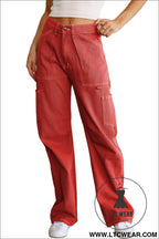 Fiery red high waist straight leg cargo pants with pockets - pants & culotte