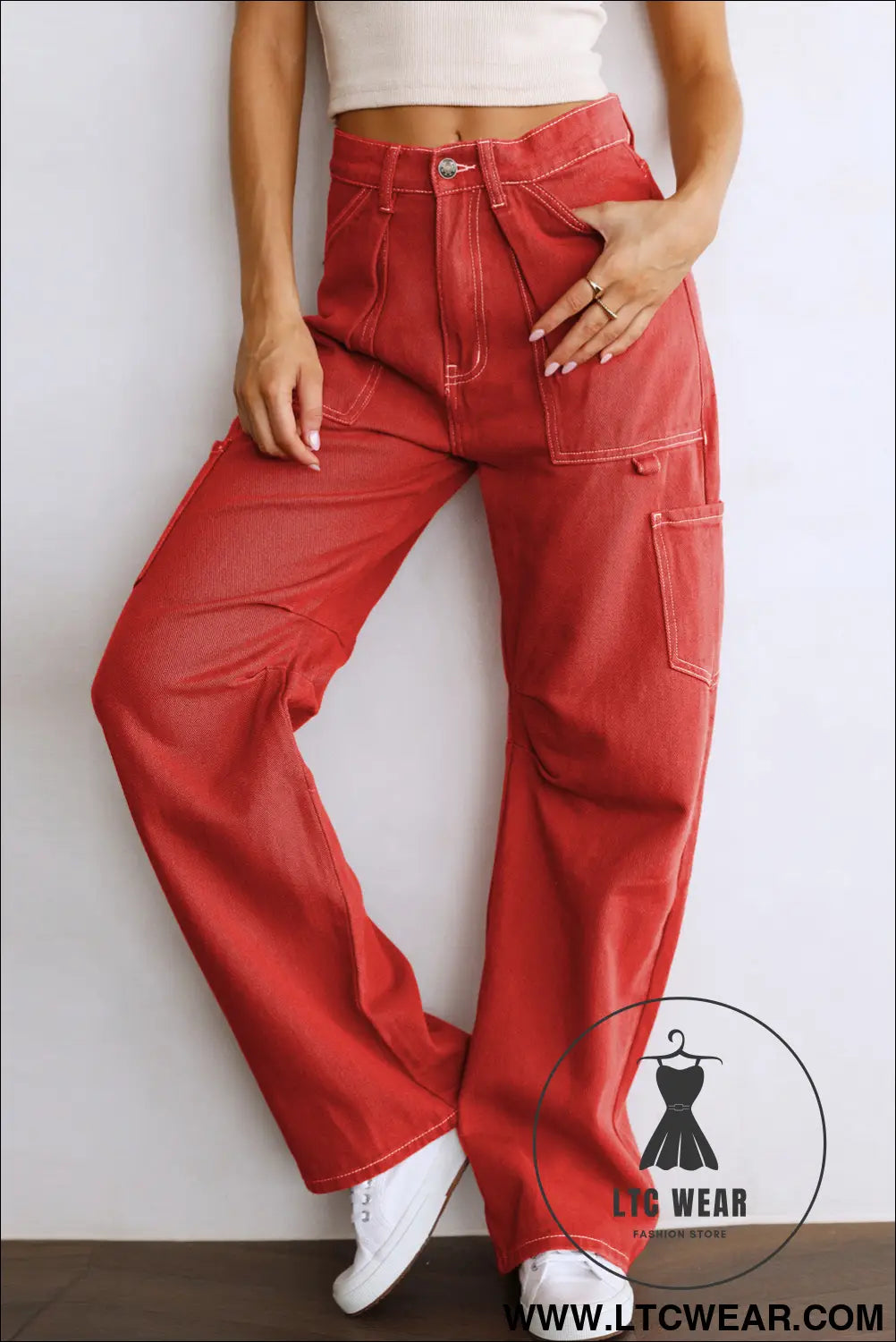 Fiery red high waist straight leg cargo pants with pockets - pants & culotte